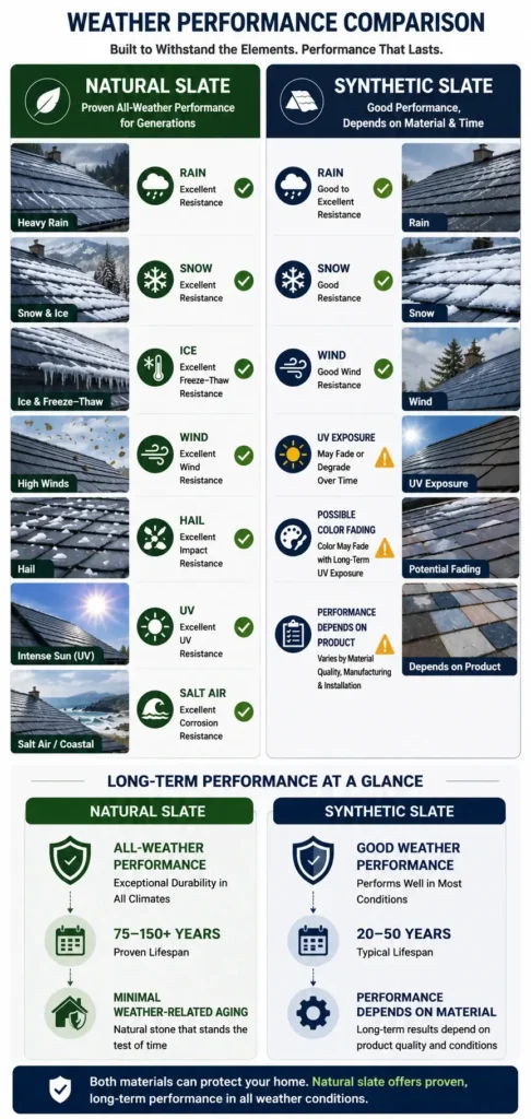 Weather performance comparison of natural slate roofing and synthetic slate roofing, showing resistance to rain, snow, ice, wind, hail, UV exposure, and coastal salt air.