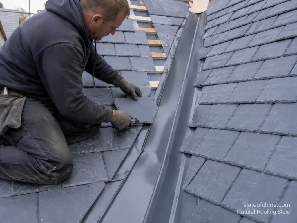 Open metal valley detail on a natural slate roof showing visible flashing and clean slate cuts for efficient water drainage