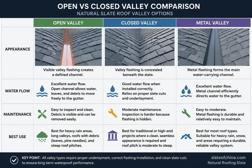 Comparison diagram showing open valley, closed valley, and metal valley options for natural slate roof installation.