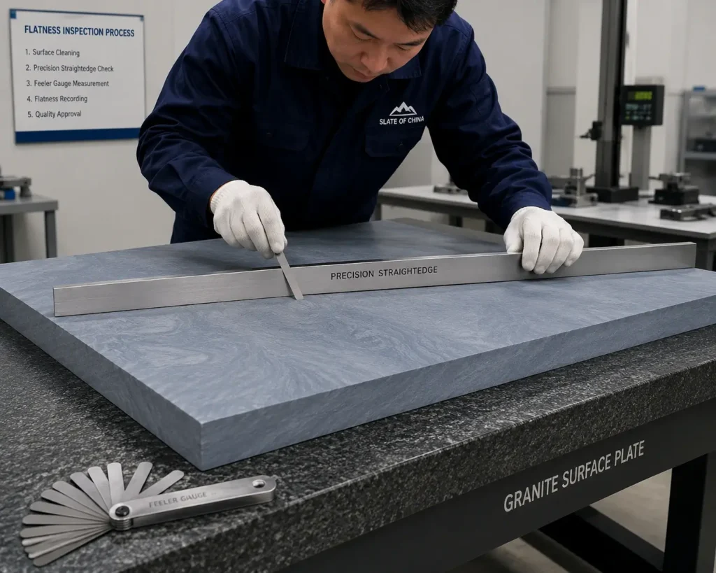 Every slate is inspected for flatness using precision measuring tools before shipment.