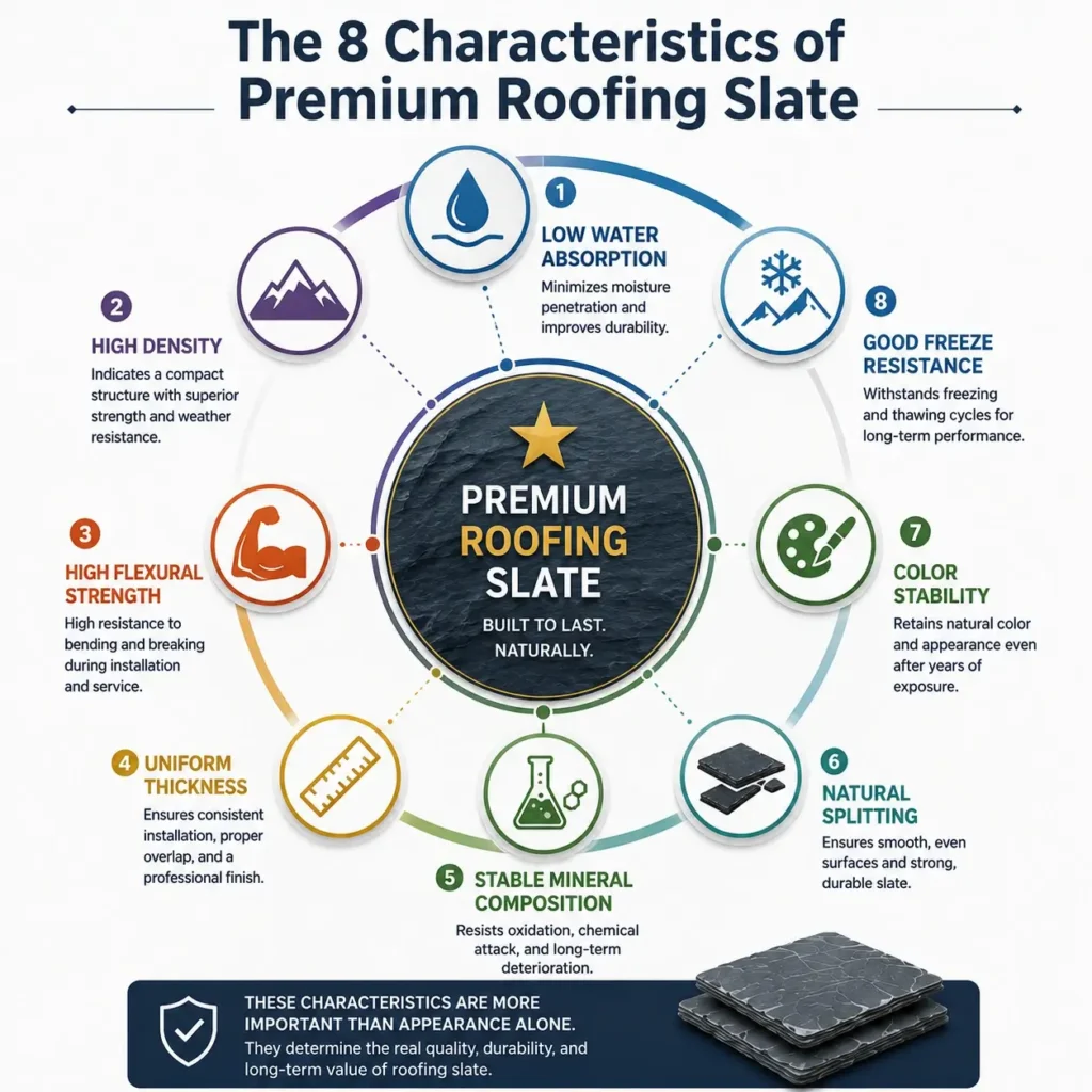 Infographic showing the eight key characteristics of premium roofing slate, including low water absorption, high density, flexural strength, natural splitting, freeze resistance, and color stability.