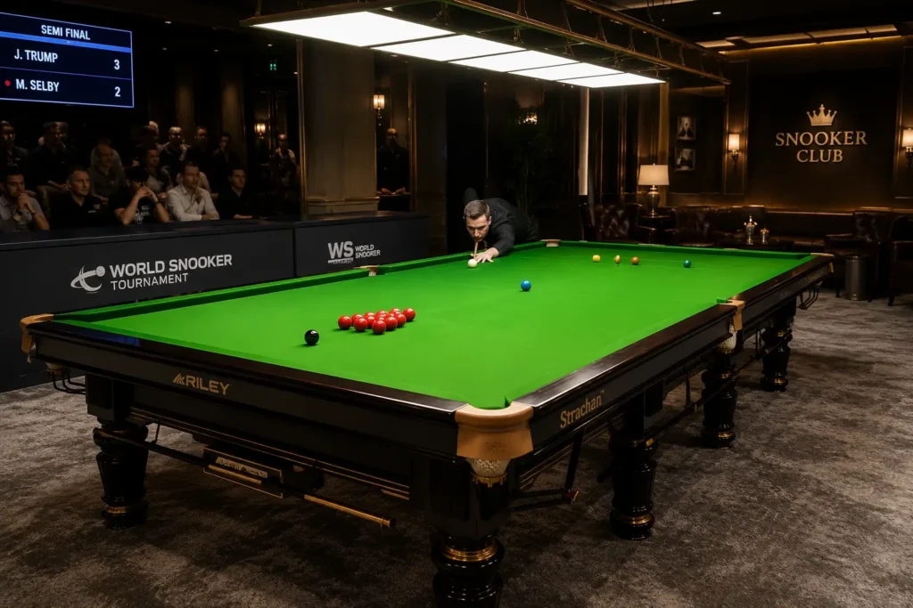Premium professional snooker table in a luxury billiard club featuring tournament-quality natural slate.