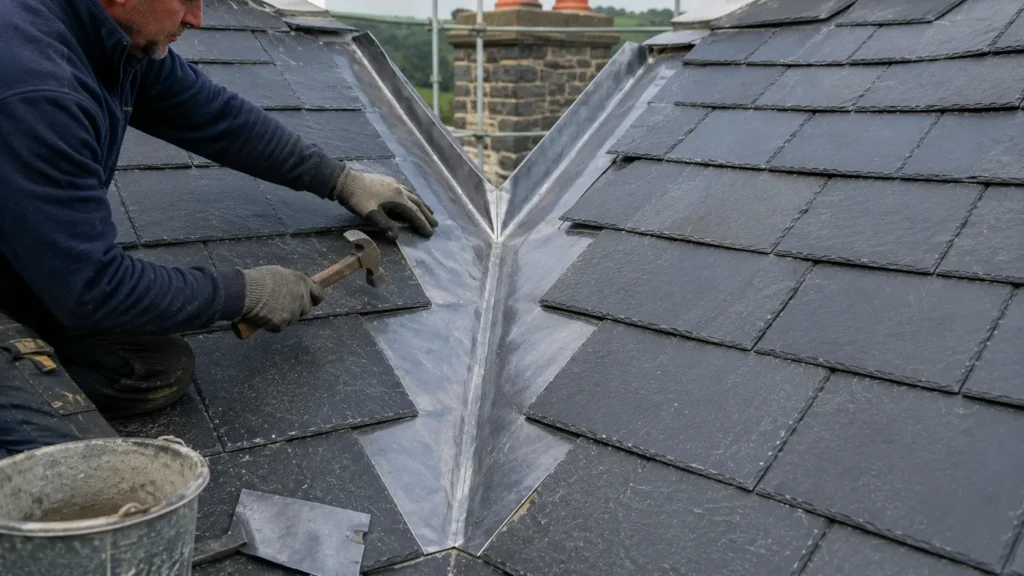 Professional roofer repairing a lead-lined roof valley on a natural slate roof to restore effective waterproof drainage.