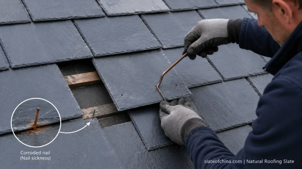 Professional roofer re-securing a slipped natural slate roof tile with a stainless steel slate hook after nail sickness caused the slate to slip.