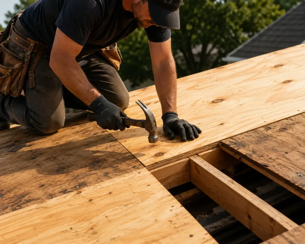 Professional roofer repairing damaged plywood roof decking before installing natural roofing slate to ensure a strong, level, and durable roof structure.