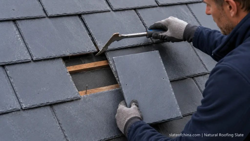 Professional roofer replacing a broken natural slate roof tile using a slate ripper and matching replacement slate.