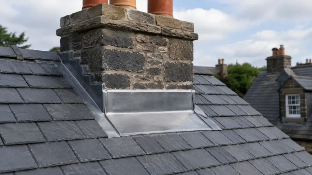 New lead flashing professionally installed around a chimney on a natural slate roof to restore a watertight seal.