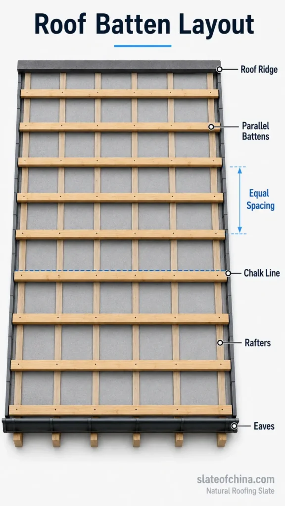 Roofing Slate Installation Guide 32 Mobile infographic showing roof batten layout with parallel battens, equal spacing, chalk line, rafters, roof ridge, and eaves for natural slate roof installation.