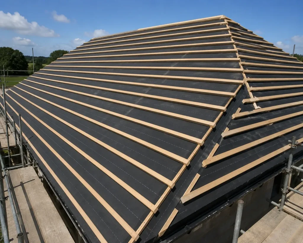 Completed timber roof battens installed over breathable roofing membrane, ready for natural roofing slate installation.