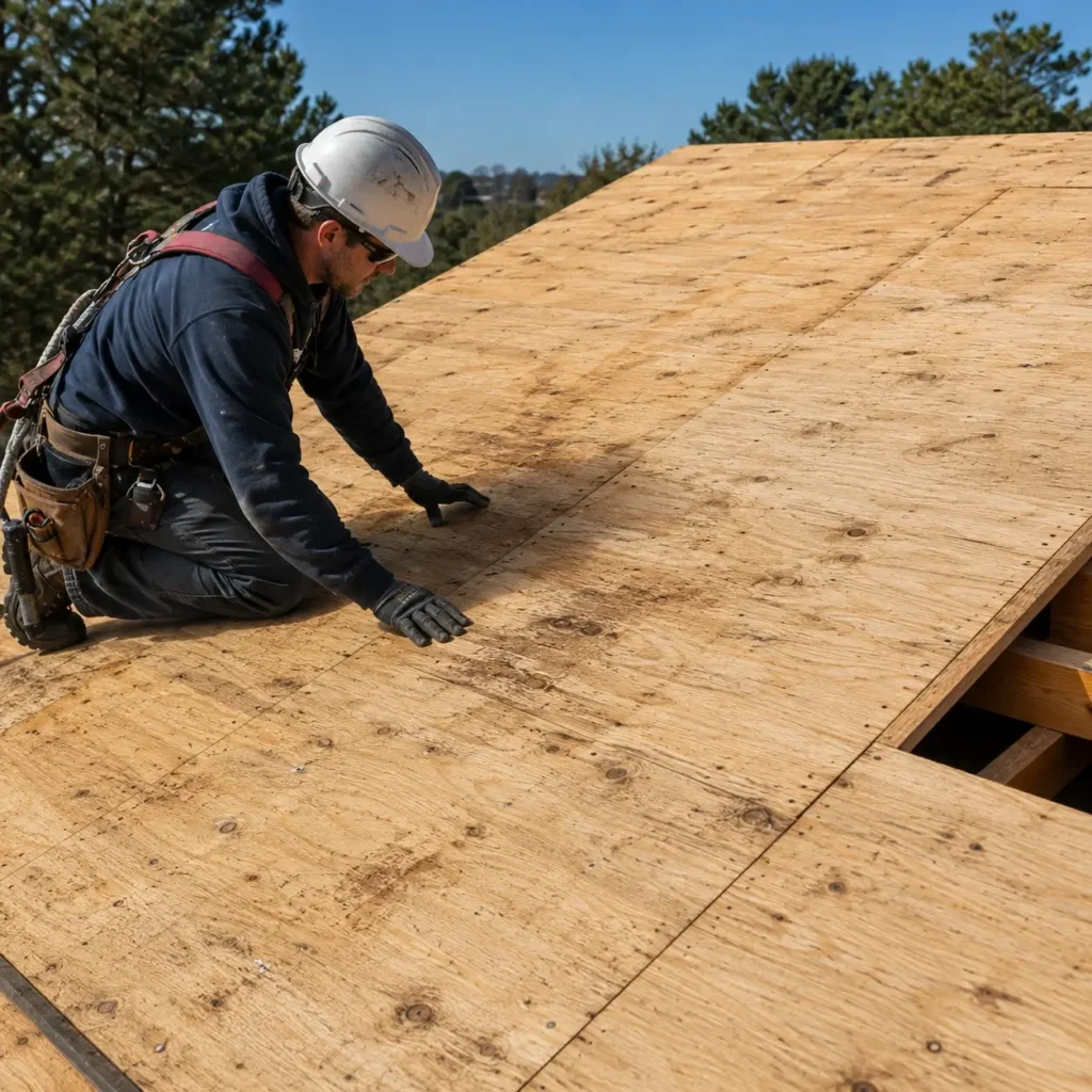 Professional roofer inspecting a plywood roof deck before installing natural roofing slate to ensure a flat, clean, and structurally sound surface.