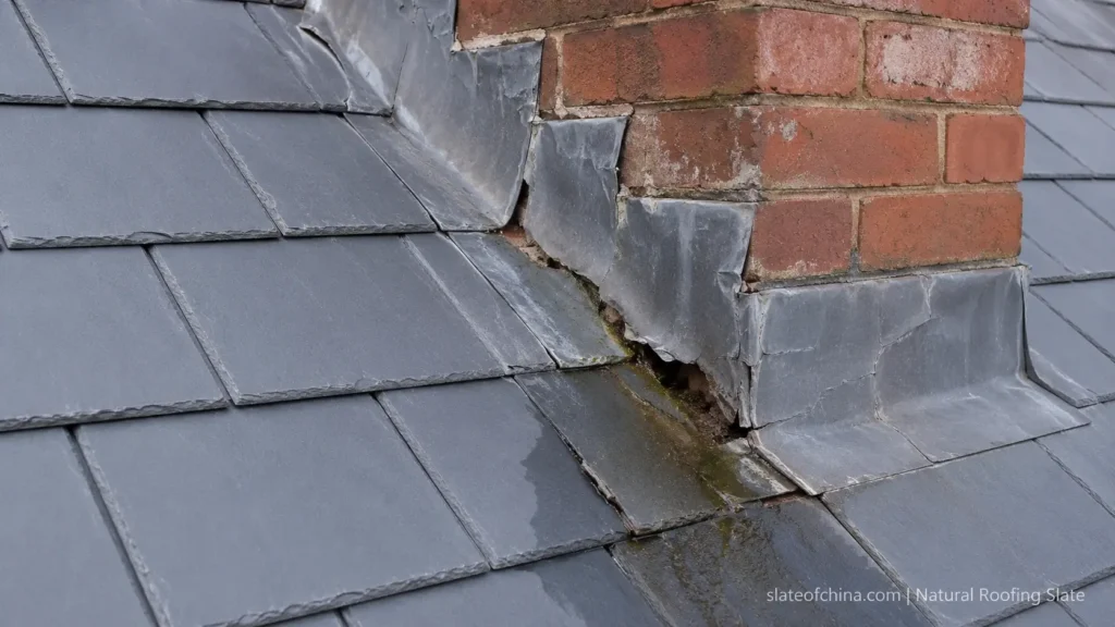 Damaged lead flashing around chimney causing water leakage on a slate roof.