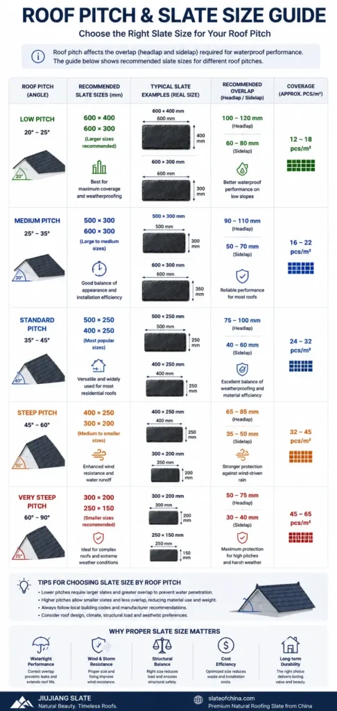 Roof pitch and slate size guide showing recommended natural roofing slate sizes for different roof pitch angles.
