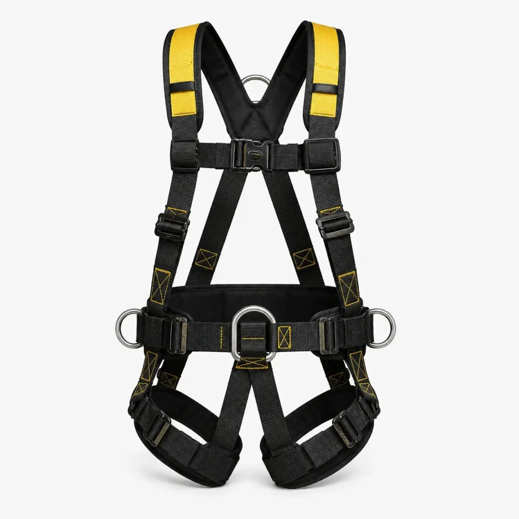 Safety harness for fallprotection when working onpitched roofs.