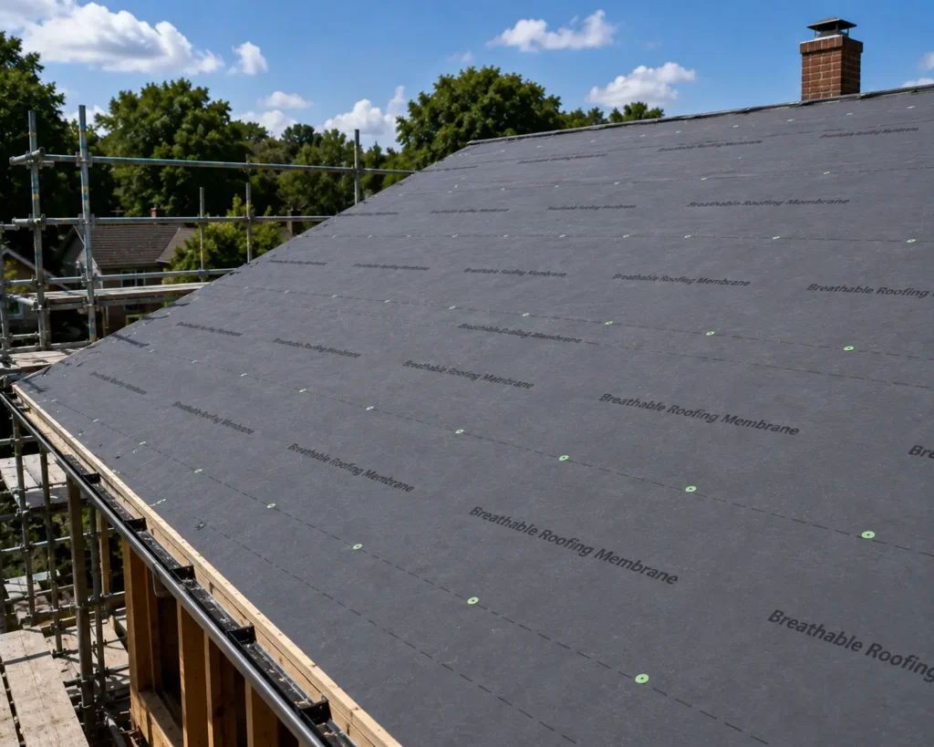 A roof fully covered with breathable roofing membrane, properly installed and ready for roof battens before natural roofing slate installation.