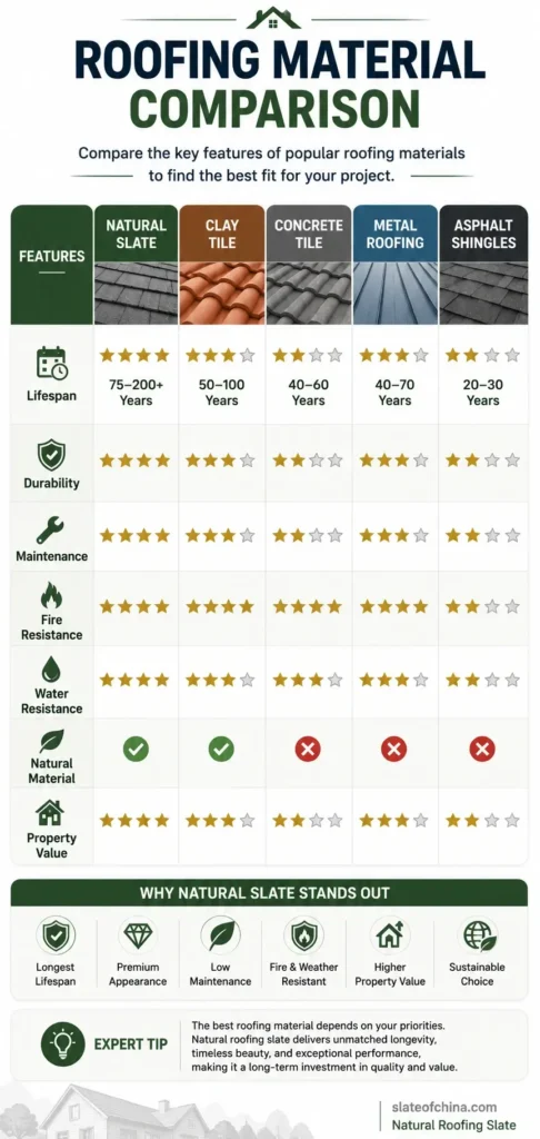 Mobile infographic comparing roofing materials, highlighting why natural roofing slate offers the best combination of durability, longevity, and long-term value.