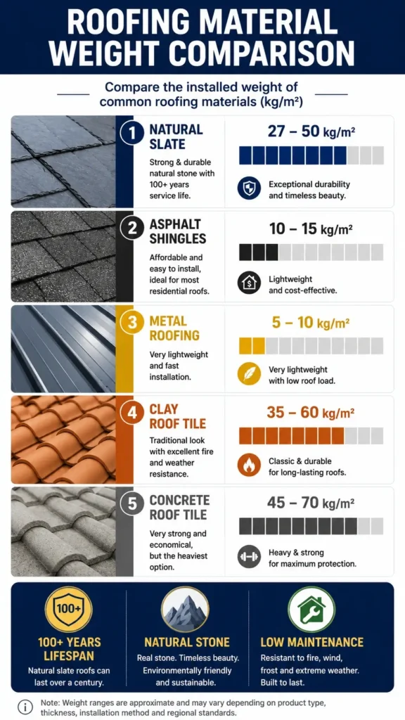 Roofing material weight comparison chart showing the installed weight of natural slate, asphalt shingles, metal roofing, clay roof tiles and concrete roof tiles in kg per square meter.