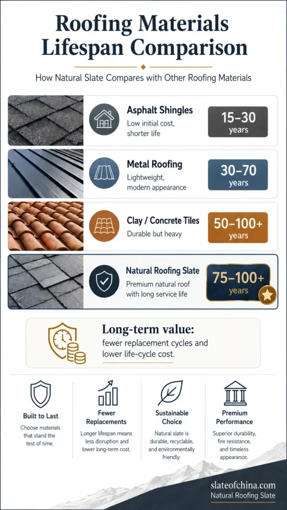 Roofing materials lifespan comparison showing natural slate roof service life