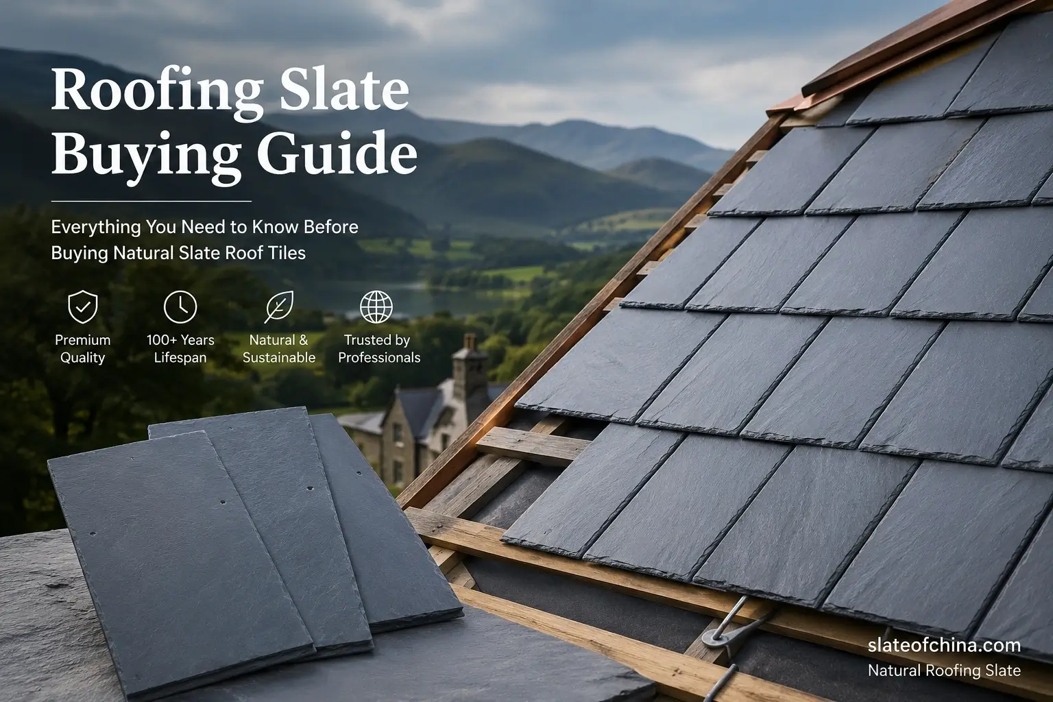 Roofing Slate Buying Guide 1 Natural roofing slate buying guide with grey slate roof tiles and mountain landscape