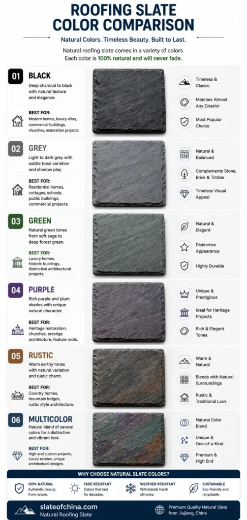 Roofing slate color comparison infographic showing black, grey, green, purple, rustic and multicolor natural roofing slate samples.