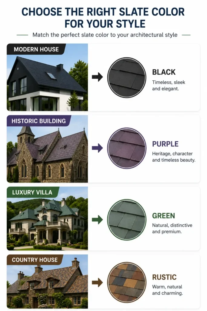 Roofing slate color selection guide showing the best slate colors for modern houses, historic buildings, luxury villas, and country houses