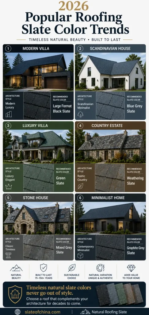 Mobile inspiration board showing current roofing slate color trends with recommended natural slate colors for different architectural styles.