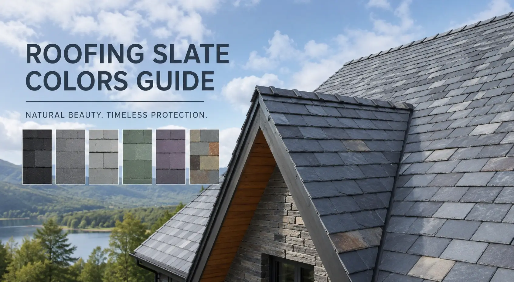 Natural roofing slate colors guide featuring black, grey, green, purple and multicolor slate roof options