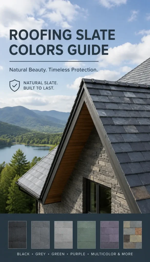 Natural roofing slate colors guide featuring black, grey, green, purple and multicolor slate roof options