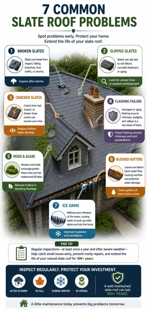 Mobile infographic showing seven common slate roof problems, including broken slates, slipped slates, cracked slates, flashing failure, moss and algae, blocked gutters, and ice dams.