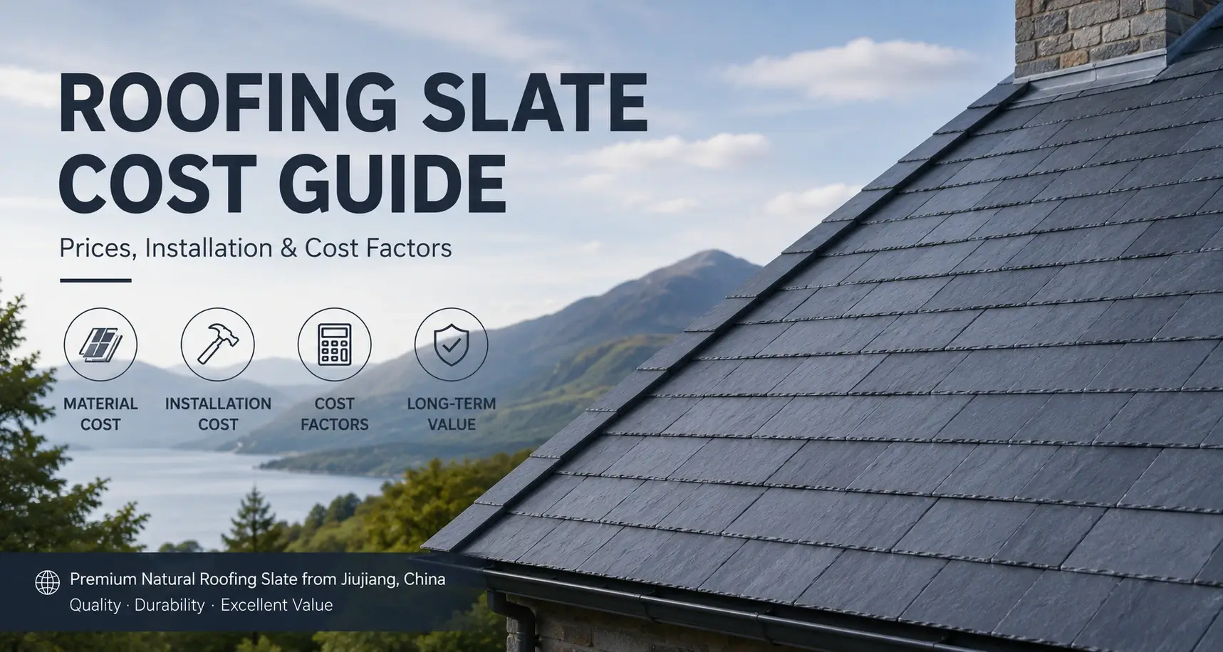 Natural blue-grey roofing slate roof for the Roofing Slate Cost Guide, showing premium slate roofing and installation quality.