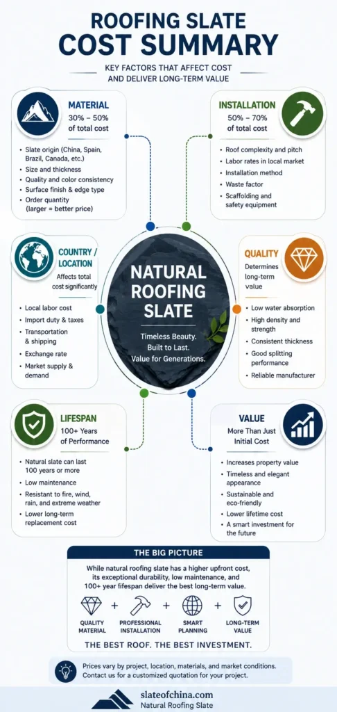 Mind map infographic summarizing the key factors that affect natural roofing slate cost, including material, installation, country, quality, lifespan, and long-term value.