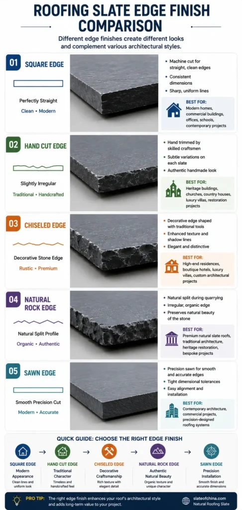 Roofing slate edge finish infographic comparing square edge, hand cut edge, chiseled edge, natural rock edge and sawn edge for natural roofing slate.