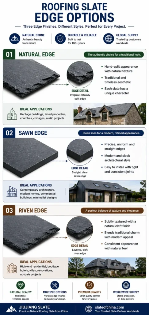 Roofing slate edge options comparison showing natural edge, sawn edge and riven edge with close-up details and recommended applications.