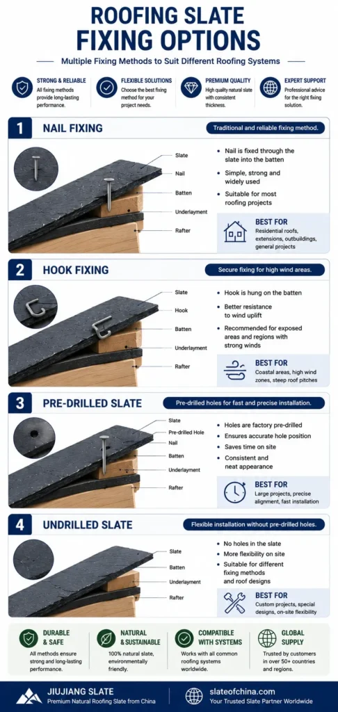Roofing slate fixing options infographic comparing nail fixing, hook fixing, pre-drilled slate and undrilled slate with cross-sectional installation diagrams.