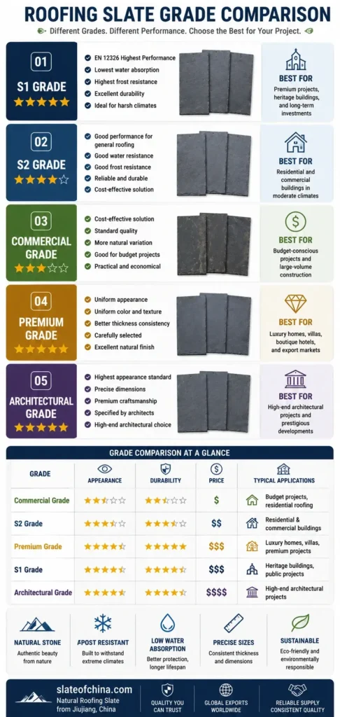 Roofing slate grade comparison infographic explaining S1, S2, Commercial Grade, Premium Grade and Architectural Grade with performance, durability, appearance and price comparison.