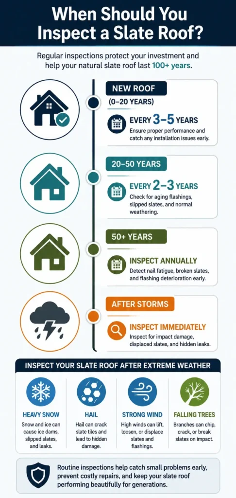Timeline infographic showing how often a natural roofing slate roof should be inspected based on roof age and after severe weather events.