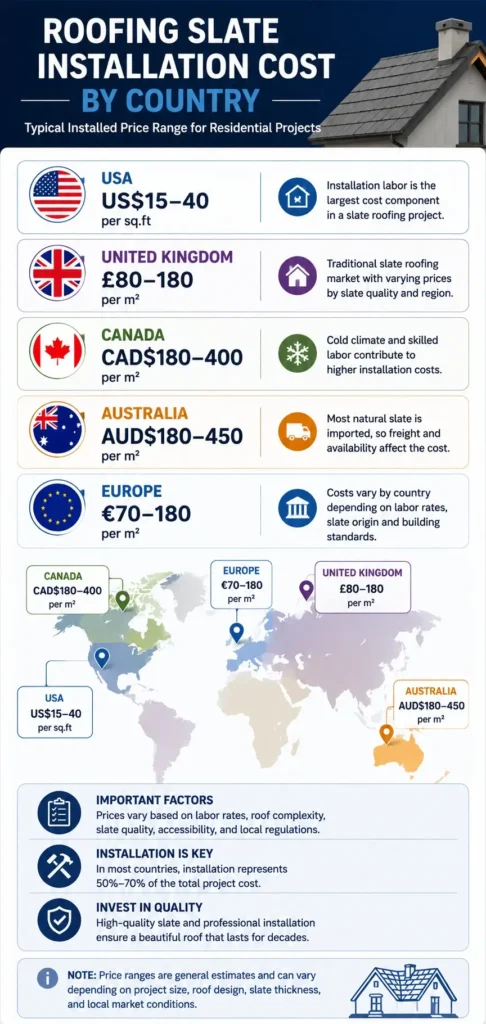 World map infographic comparing average roofing slate installation costs in the USA, United Kingdom, Canada, Australia, and Europe.