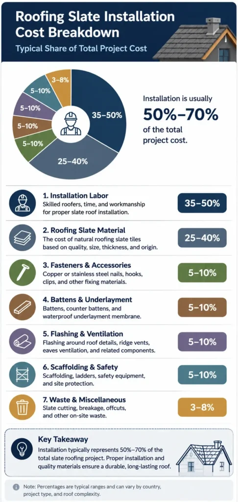 Mobile infographic illustrating the breakdown of roofing slate installation costs, including labor, slate materials, roofing accessories, and other project expenses.