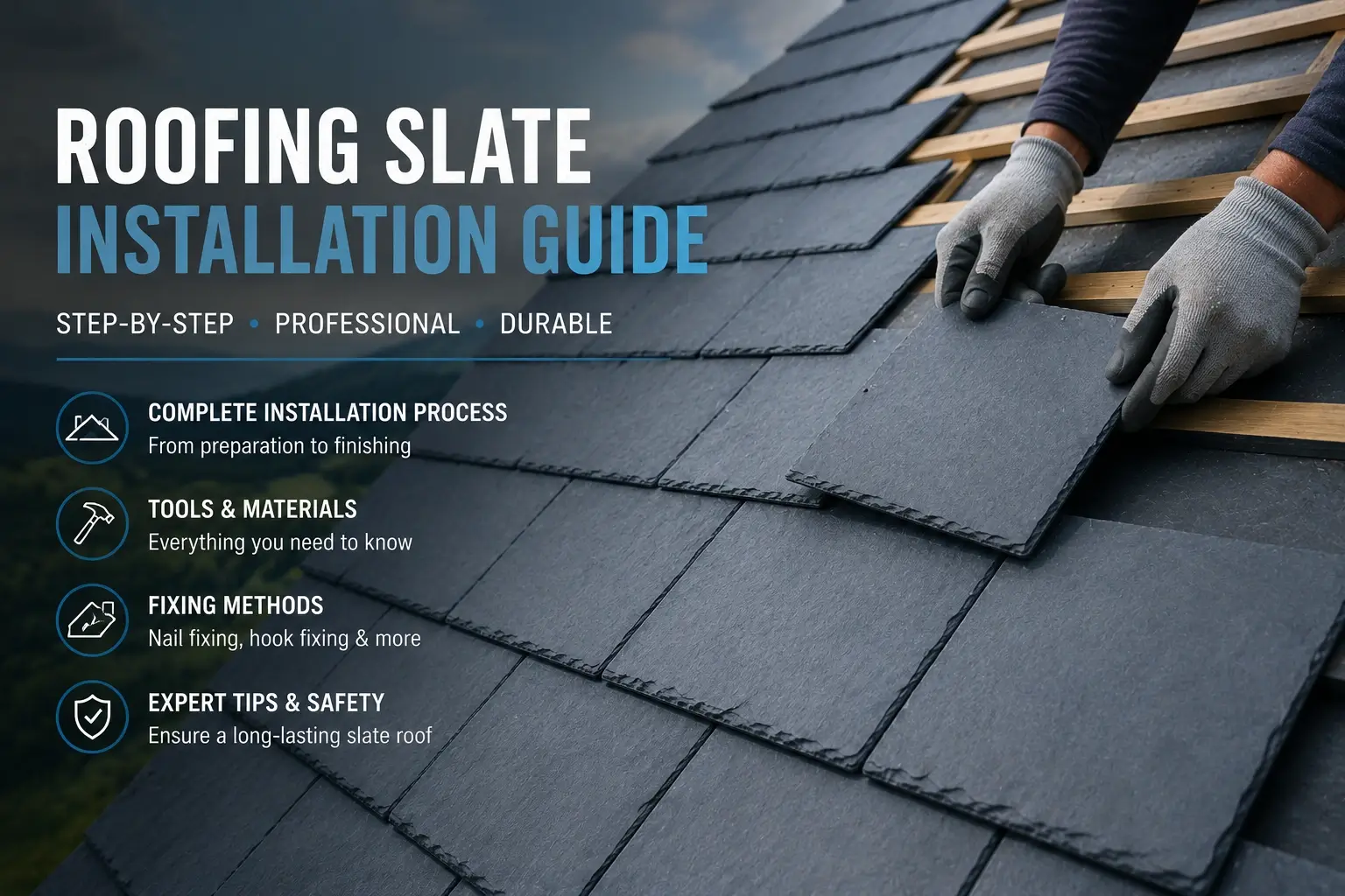 Roofing Slate Installation Guide 1 Professional roofing slate installation guide showing natural blue-grey slate roof tiles being installed by an experienced roofer.