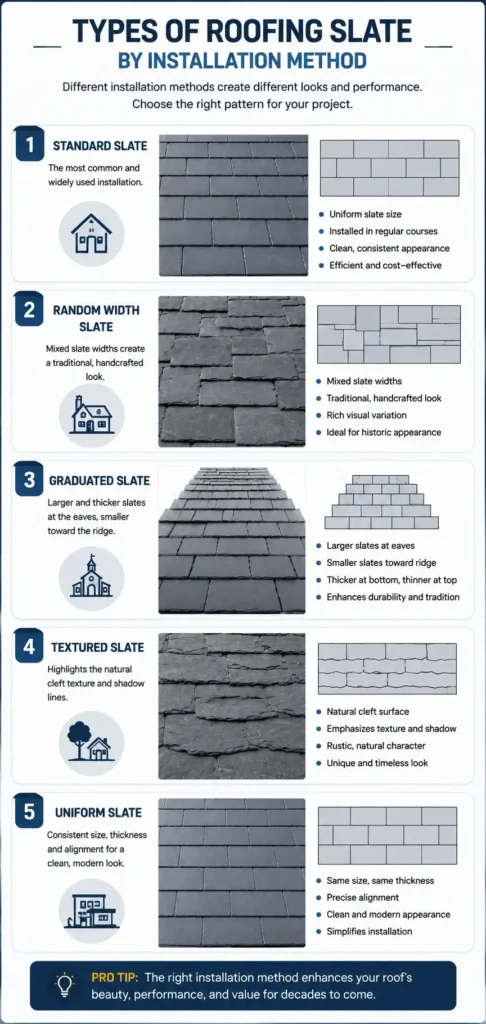 Roofing slate installation methods infographic comparing standard, random width, graduated, textured and uniform slate roof installation patterns.