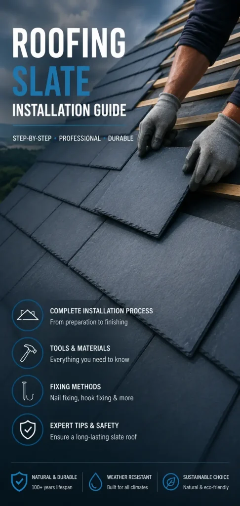Roofing Slate Installation Guide 2 Professional roofing slate installation guide showing natural blue-grey slate roof tiles being installed by an experienced roofer.