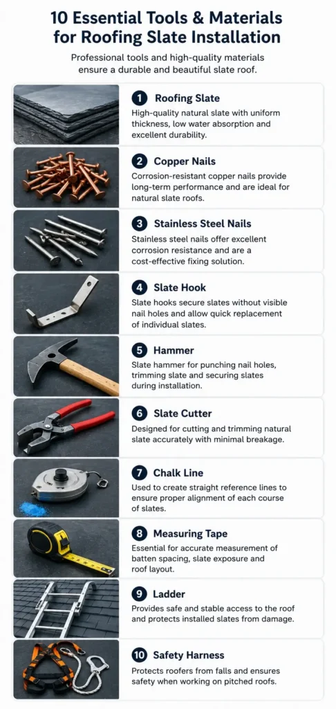 Mobile infographic showing the 10 essential tools and materials for natural roofing slate installation, including slate, copper nails, stainless steel nails, slate hook, hammer, slate cutter, chalk line, measuring tape, ladder, and safety harness.