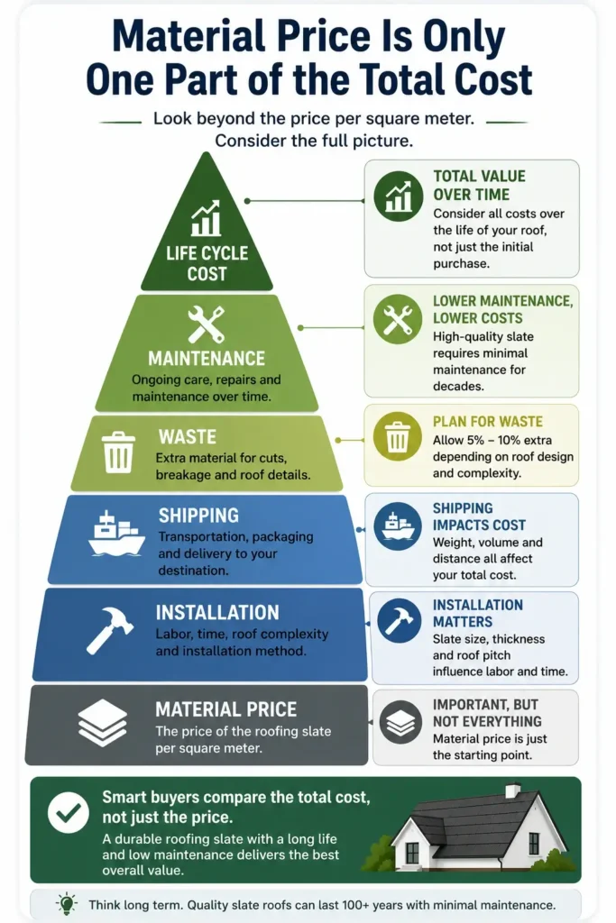 Compare the complete life cycle cost of natural roofing slate by considering material price, installation, shipping, waste, maintenance, and long-term value instead of focusing only on the initial purchase price.