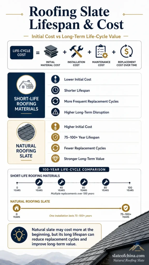 Roofing slate lifespan and cost comparison showing long-term life-cycle value of natural slate roof