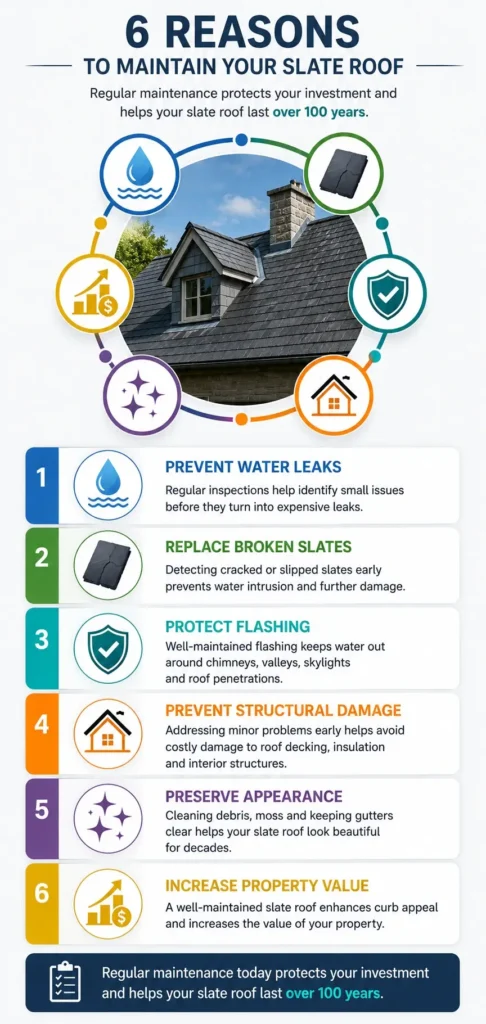 Infographic showing six key benefits of regular roofing slate maintenance, including leak prevention, flashing protection, appearance preservation, and increased property value.