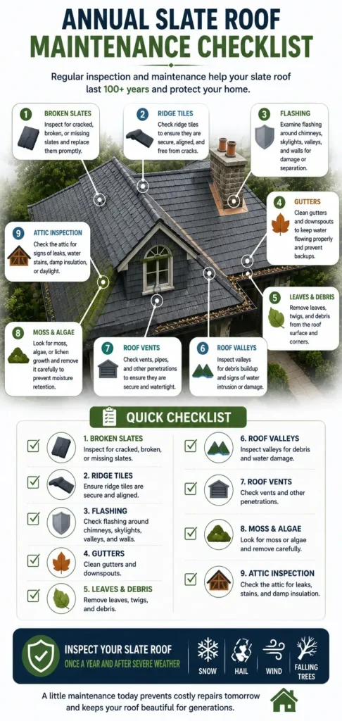 Mobile infographic showing an annual roofing slate maintenance checklist, including broken slates, ridge tiles, flashing, gutters, roof valleys, roof vents, moss inspection, and attic leak checks.