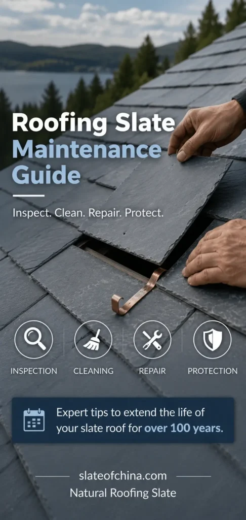 Roofing Slate Maintenance Guide showing professional inspection and replacement of a natural roofing slate tile.