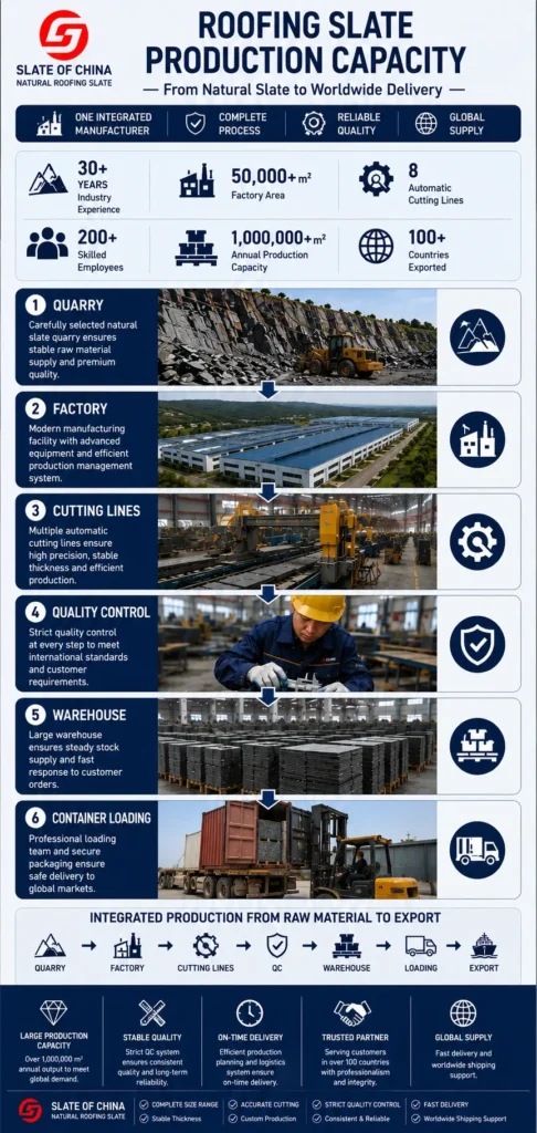 Roofing slate production capacity infographic showing the complete manufacturing process from quarry and factory to cutting lines, quality control, warehouse and container loading for worldwide export.