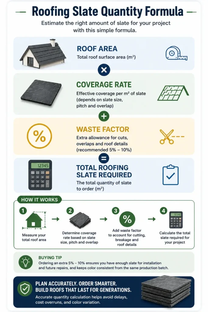 Roofing slate quantity calculation formula showing how to estimate the total roofing slate required based on roof area, coverage rate, and waste factor