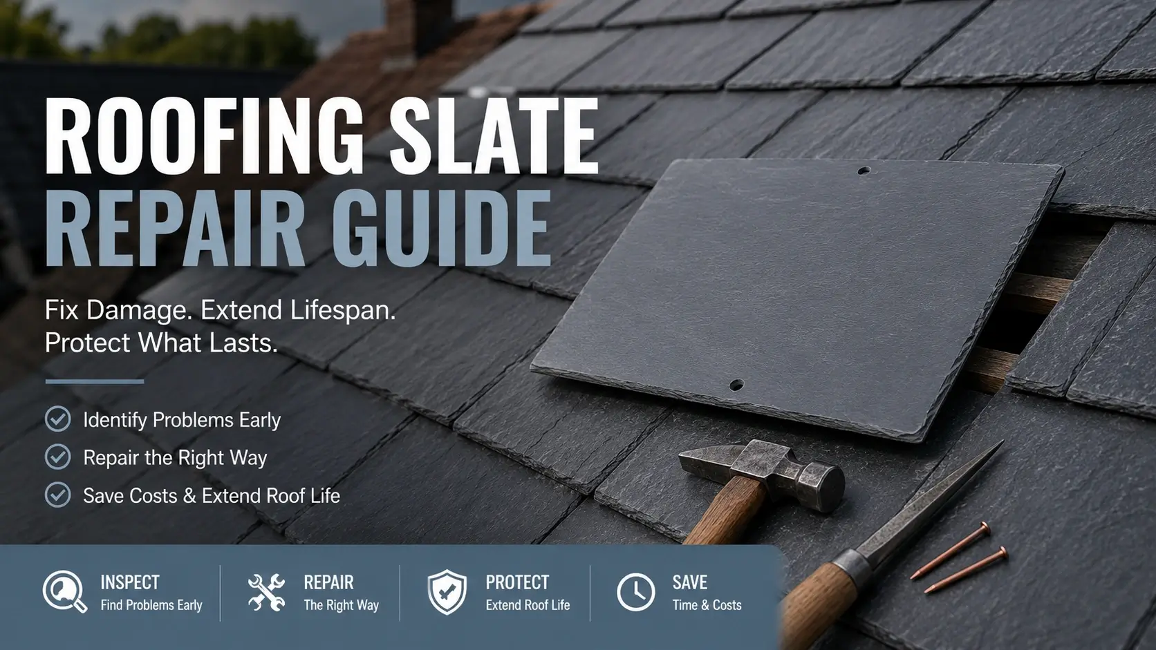 Professional roofing slate repair guide showing natural slate roof repair with replacement slate and roofing tools.