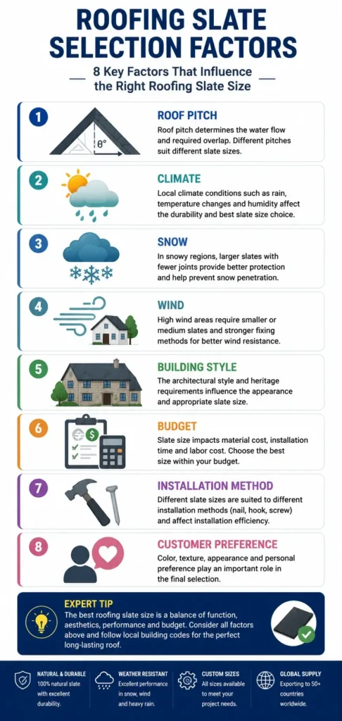 Roofing slate selection factors infographic showing the eight key considerations including roof pitch, climate, snow, wind, building style, budget, installation method and customer preference.